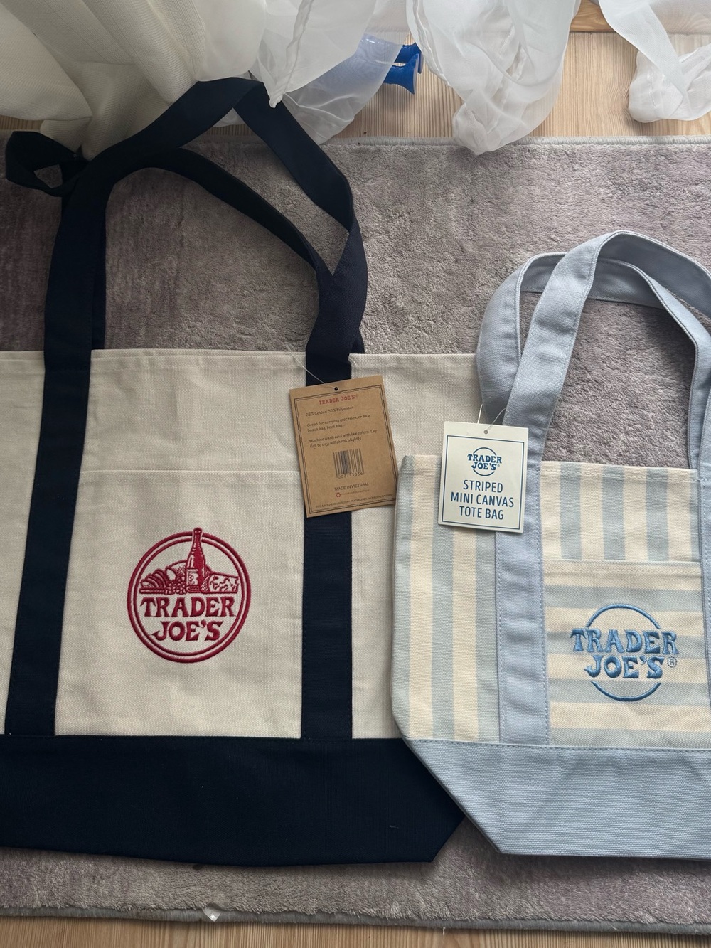 Trader Joes Canvas Tote Navy | Striped Mini Canvas Tote Sage Set of 2